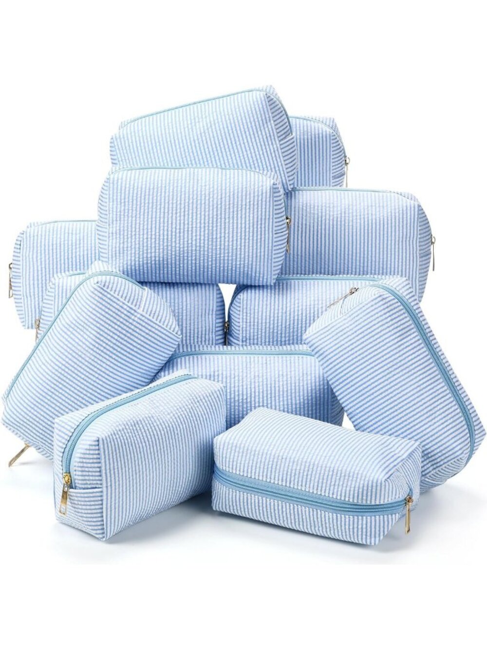 12 Pcs Light Blue Striped Seersucker Cosmetic Bags Set - Zippered Travel Pouches